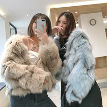  Fox fur grass coat womens short long-sleeved silhouette oversize off-the-shoulder small square collar fluffy coat Haining new