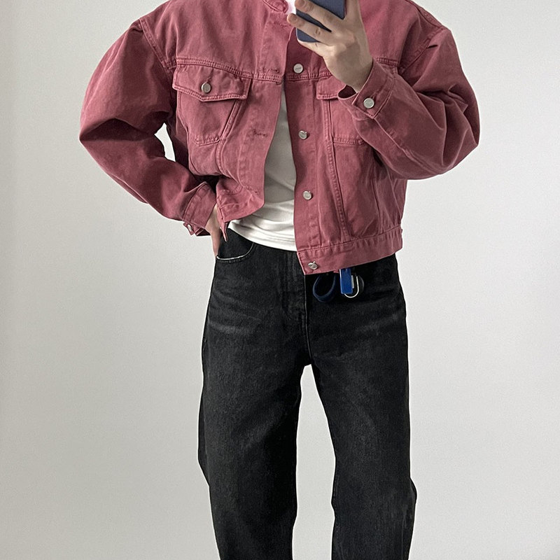 Spring and Summer Stylish and Cool Metal Button Loose Pink Denim Jacket Men's Workwear Stand Collar Short Coat