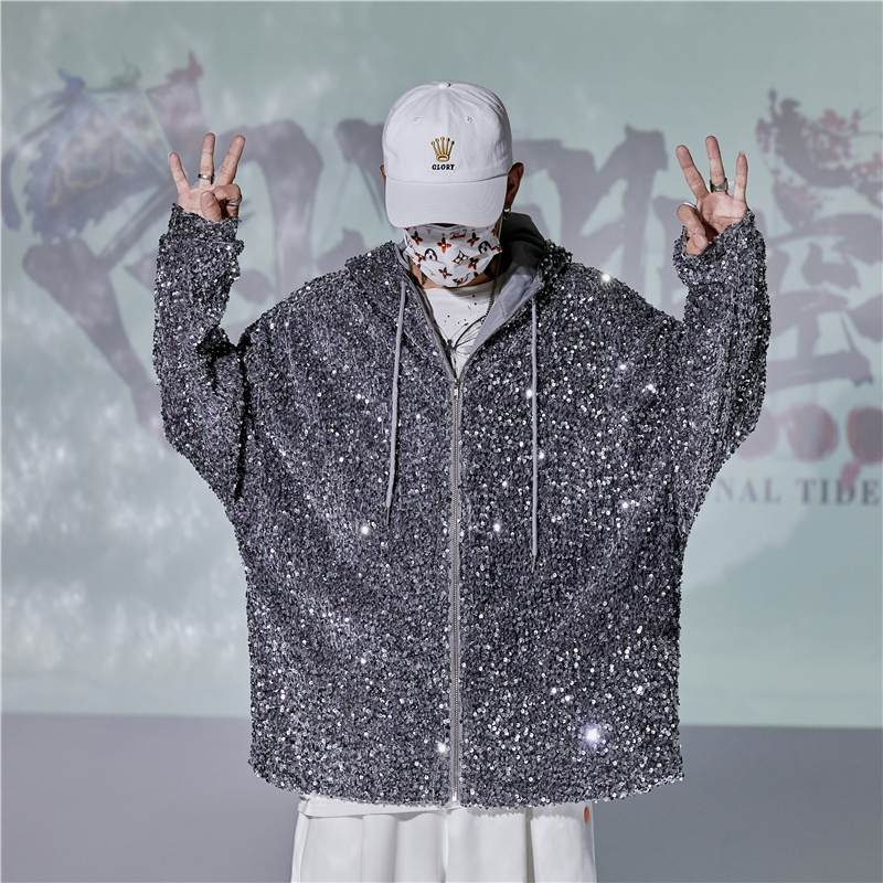 Silver Shiny Sequin Hooded Jacket, Sparkling Coat for Male and Female Singers, Evening Party, Concert, Stage, Nightclub Clothing