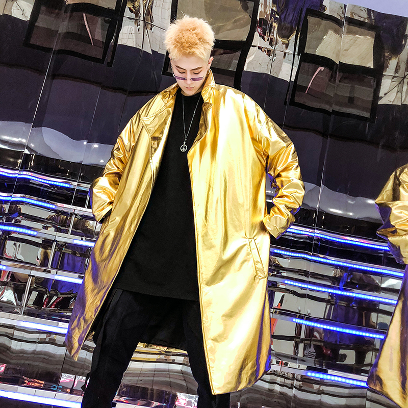 Annual Meeting, Party, Concert Jacket, Trendy Nightclub Stage Outfit, Gold Shiny Reflective Clothing, Coat, Unisex Trench Coat