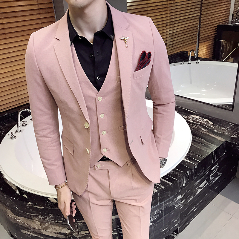春秋装男士休闲粉色西服马甲三件套装韩版潮流西装裤夜店发型师DJ