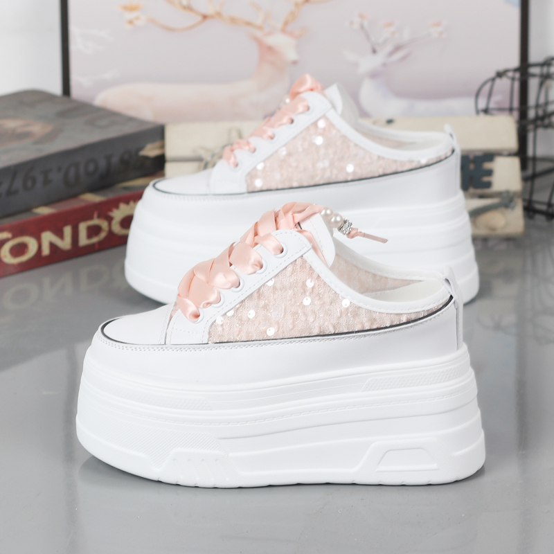 Lazy Slip-On Half-Slippers with a 11cm Ultra-High Heel for Summer, Slip-On Closed-Toe Slippers with Mesh Surface, White Shoes for Women Lazy Slip-On Half-Slippers with a 11cm Ultra-High Heel for Summer, Slip-On Closed-Toe Slippers with Mesh Surface, White Shoes for Women
