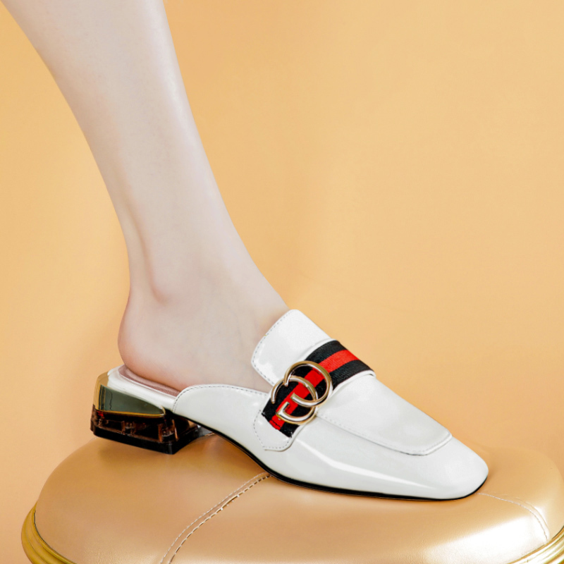 Women's Half-Slippers with Open Back, Genuine Leather, Chunky Heel, Square Toe, Mules, Slip-On Shoes Without Heel