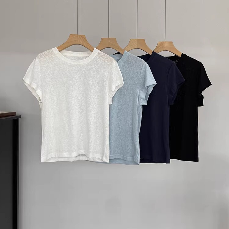 New Color ~ French Ir Classic French-Style Regular Shoulder Knit Linen T-Shirt, Short-Sleeved, Breathable, Sweat-Wicking, Uv Protection