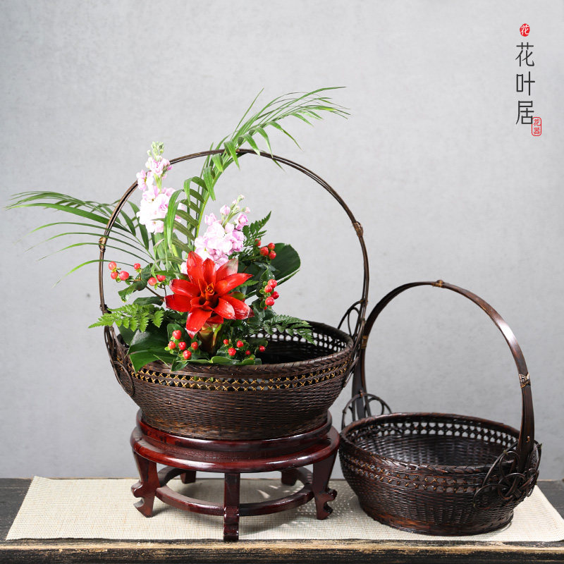 中華花藝花籃手工竹編藤編禪意竹籃廣口劍山插花器皿花藝比賽專用-淘寶