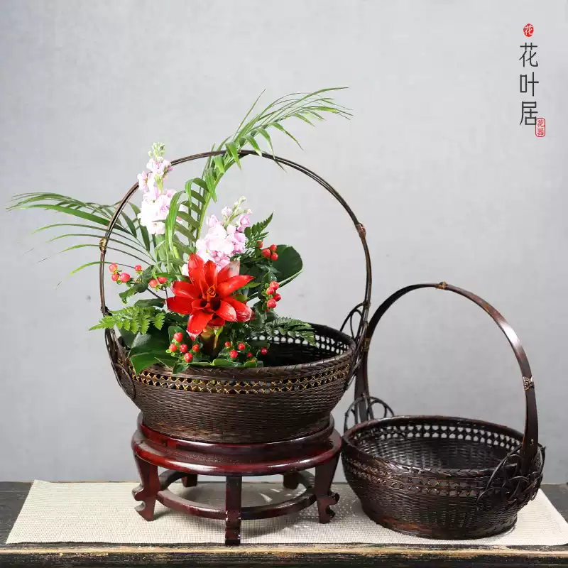 中華花藝花籃手工竹編藤編禪意竹籃廣口劍山插花器皿花藝比賽專用-淘寶