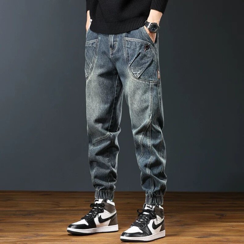 American Retro Workwear Jeans for Men, Loose-Fitting Jogger Harem Pants, Spring and Autumn Casual Versatile Slimming Long Pants