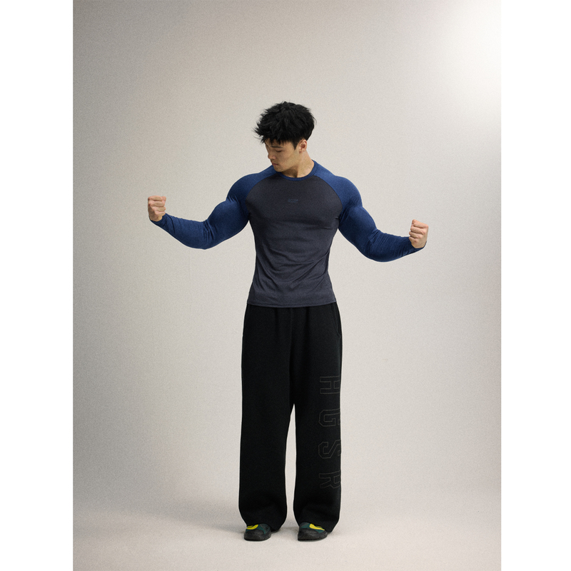 Afterglow Retro Raglan Sleeves, Contrasting Colors, Slim-Fitting Long-Sleeved Fitness Training T-Shirt, Large Sports Base Layer