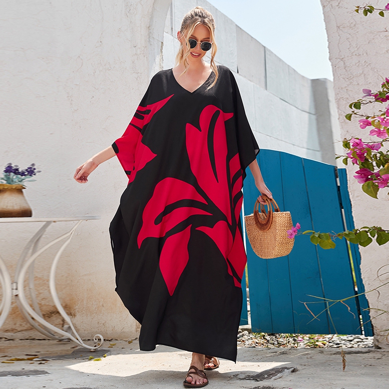 Casual Black Printed Dress, Loose-Fitting Lily Petal Kaftan Robe, Greek Bohemian Seaside Long Dress