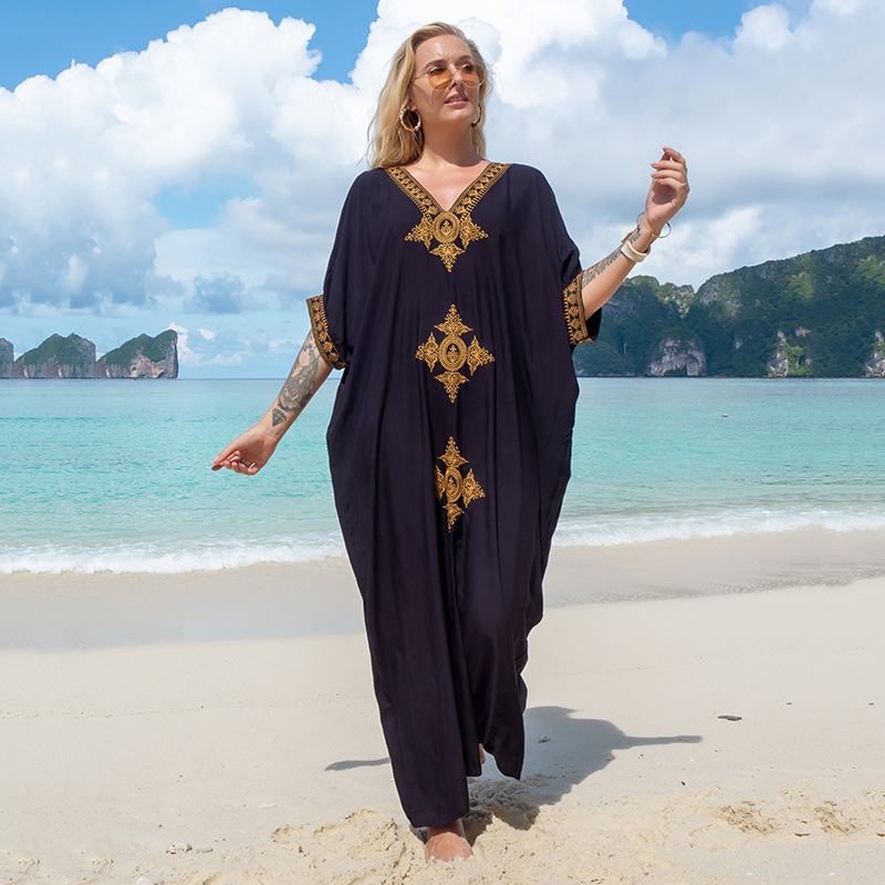 Moroccan Embroidered Long Dress, Exquisite Embroidery, Loose Robe, Cotton Silk Elegant Long Dress, Hainan Beach Dress