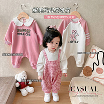 Chen Tai Pig L Mom Woman Baby Sweet da card Combining Printed Khaclothes Newborn Baby Climbing Clothes for Childrens Conjoined Winter
