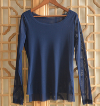 (Original design of Guan Guan Qing)Blue mesh round neck bottoming shirt double-layer yarn micro-permeable imported new fabric