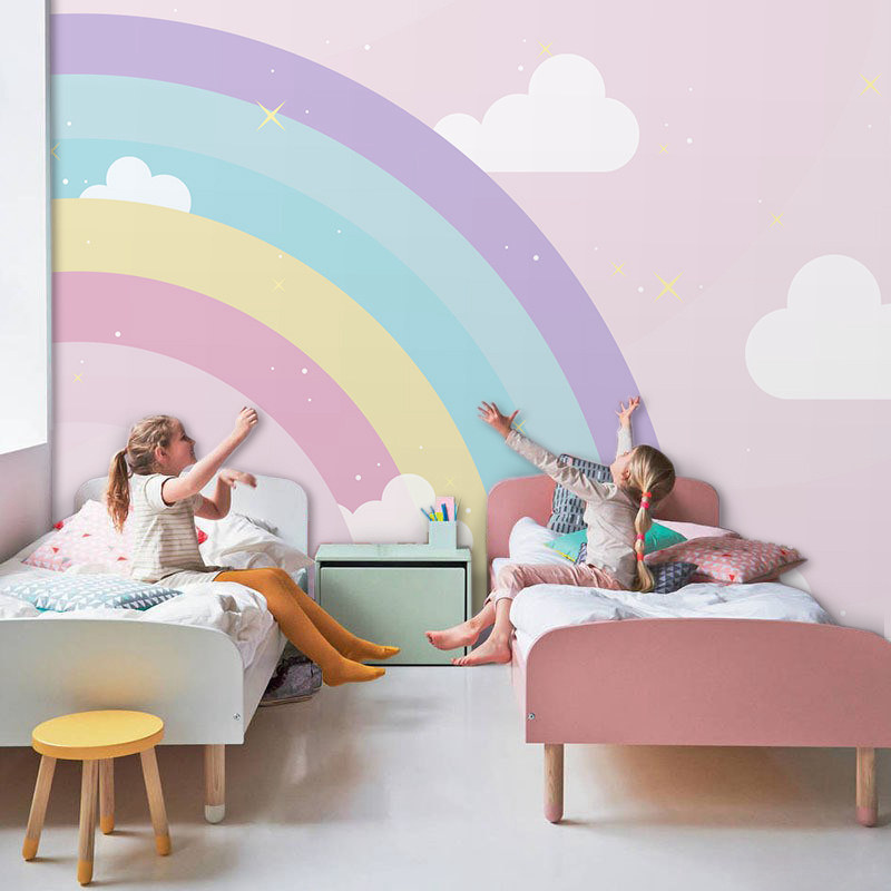 Children Princess Room Eco Wallpaper Simple Girl Bedroom Background Wall Fabric Kindergarten Decoration Pink Rainbow Wallpaper