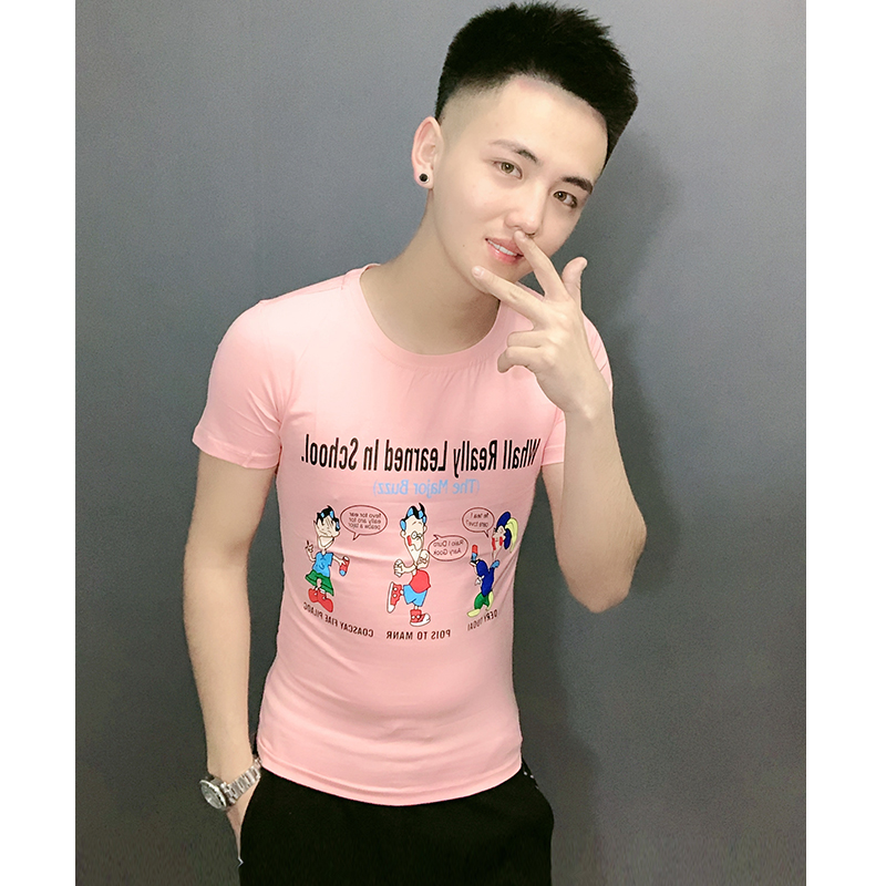 2021 summer new fashion men slim cartoon short-sleeved social youth trend handsome half-sleeve spiritual guy half-sleeve