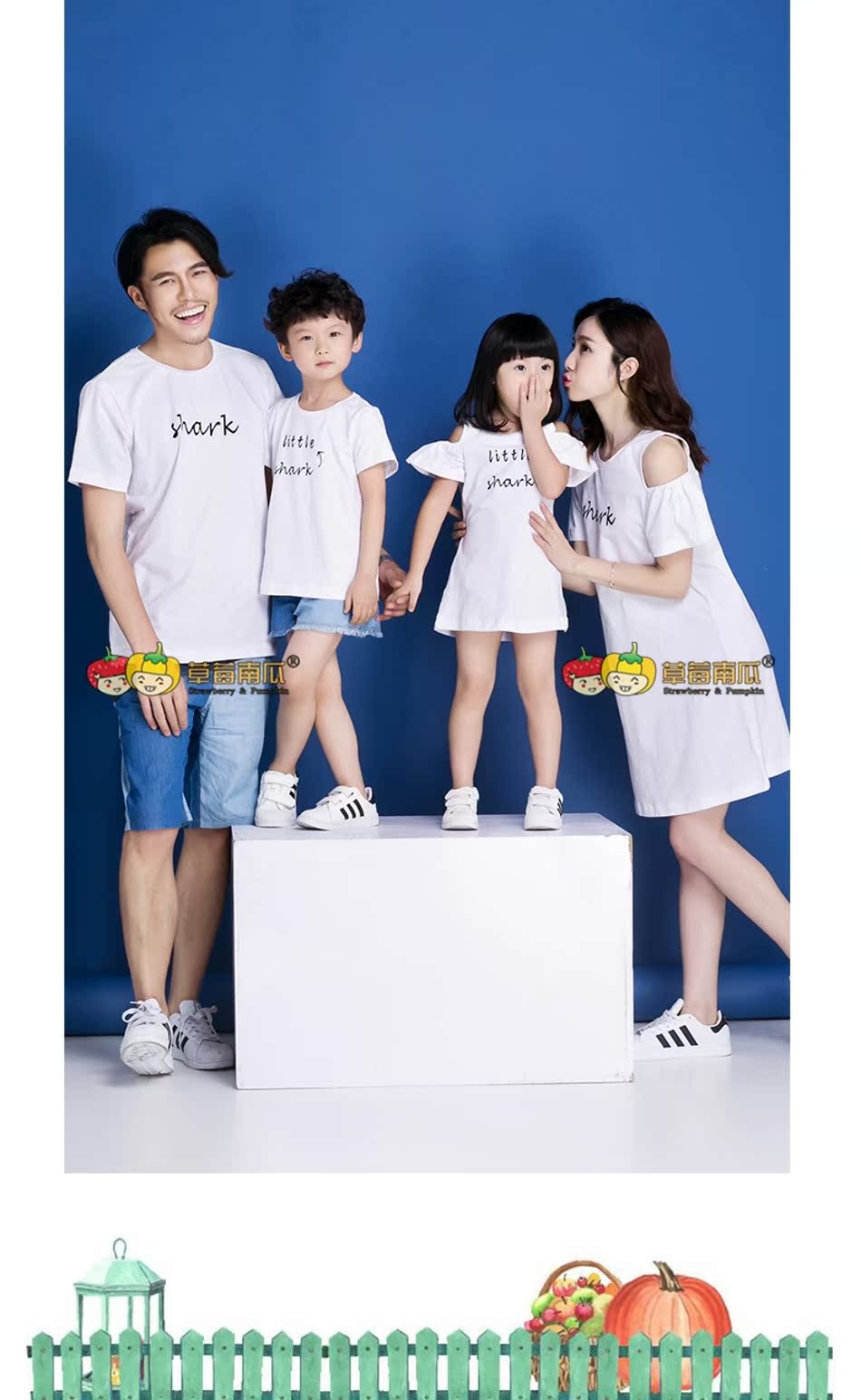 Cả gia đình sáng tạo trang phục bố mẹ con 2019 xuân hè mới thủy triều mẹ nữ Hàn Quốc ngắn tay áo thun trắng vui nhộn cho gia đình ba - Trang phục dành cho cha mẹ và con kinh doanh quần áo trẻ em