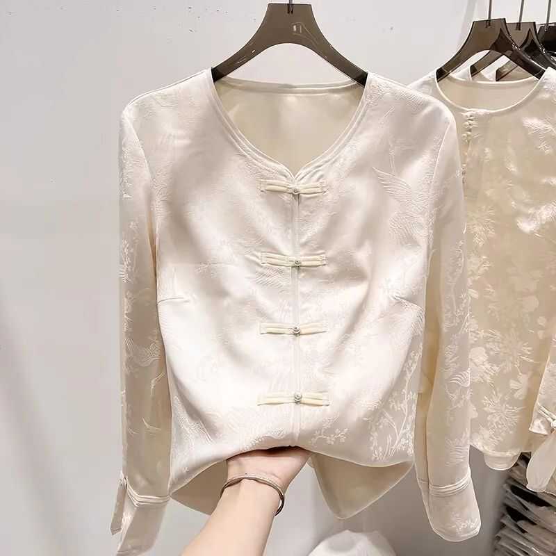 Chinese Style Inner Wear 2026 Spring and Autumn New Retro Button-Down Shirt for Women, V-Neck Long-Sleeve High-End Jacquard Niche Top Chinese Style Inner Wear 2026 Spring and Autumn New Retro Button-Down Shirt for Women, V-Neck Long-Sleeve High-End Jacquard Niche Top