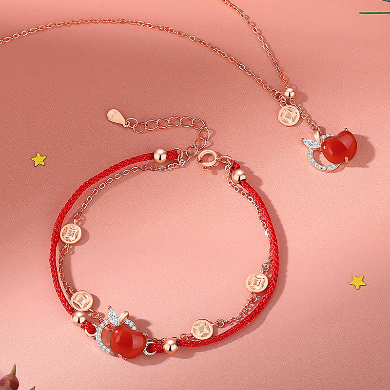 S925 silver Ping An coin hand rope female pure silver rose gold Christmas red rope bracelet double red Manau necklace-Taobao