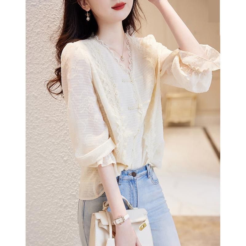 2026 Spring New National Style Elegant Lace Long Sleeve Shirt National Style Top Women's V-Neck Ladylike Puff Sleeve Blouse