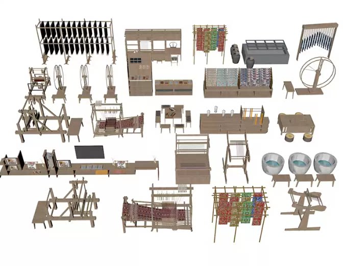 C4D FBX STL OBJ SU中式传统织布机纺织机染缸布匹晾晒架三维模型