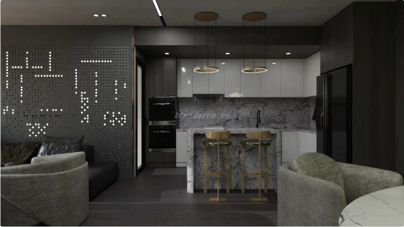 Blender现代客厅夜景3D场景模型