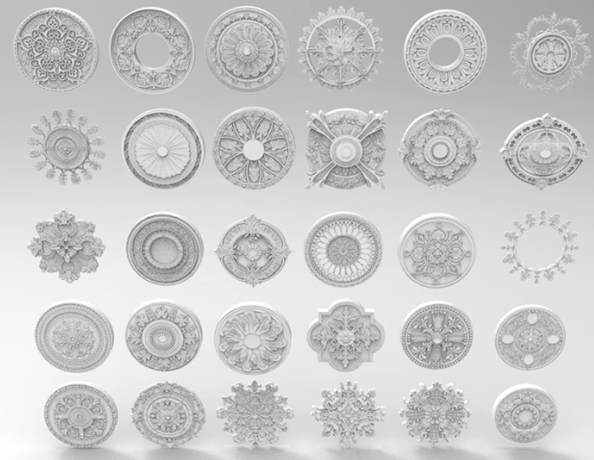 C4D FBX STL OBJ Zbrush欧式创意圆形圆盘雕花窗格装饰构件3D模型