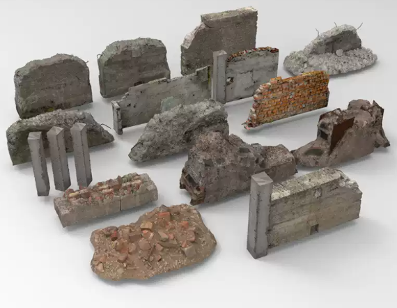 C4D FBX STL OBJ SU Blender断壁残垣矮墙破损红砖强废墟三维模型