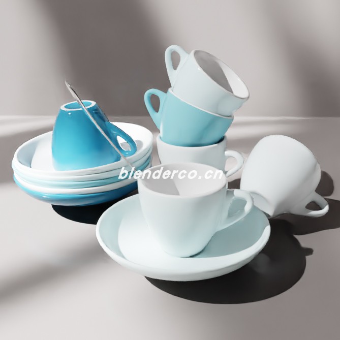 blender小彩色杯碟套装模型_blender布的35