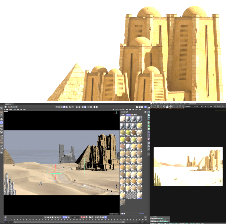 C4D埃及沙漠金字塔城堡建筑骆驼仙人掌模型场景OC渲染工程源文件