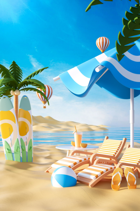 C4D夏日夏天阳光沙滩海边电商促销海报OC渲染3D模型场景