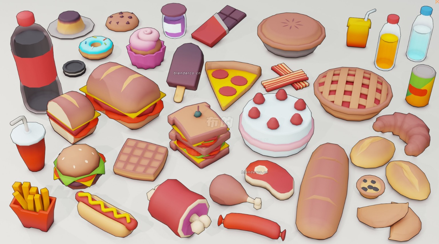 风格化的 Low Poly 食品资产包快餐食物热狗面包卡通饮料