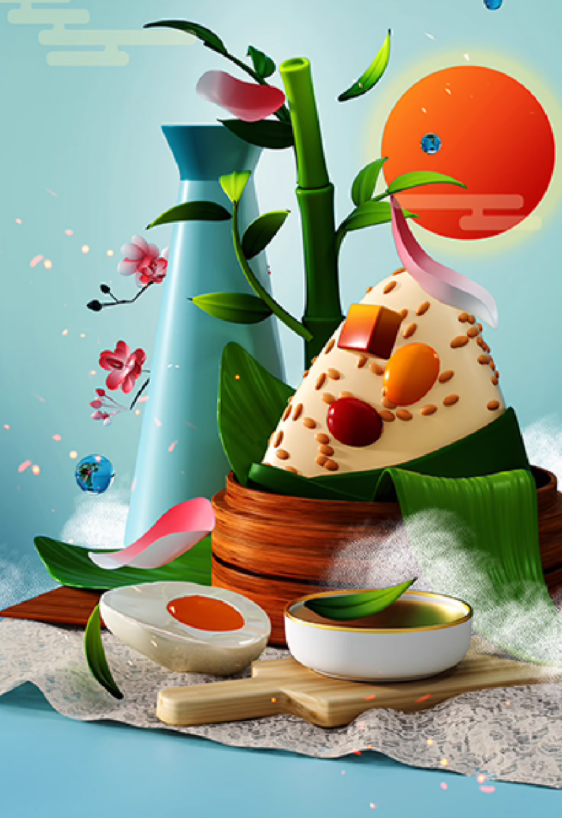 C4D国潮风端午节粽子电商海报背景OC渲染模型场景