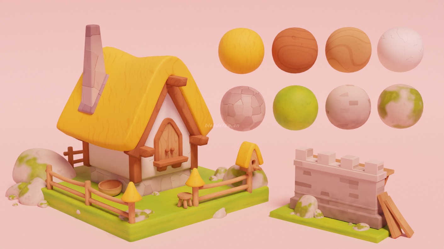 Blender卡通风格化草地屋顶墙壁房屋木板场景材质