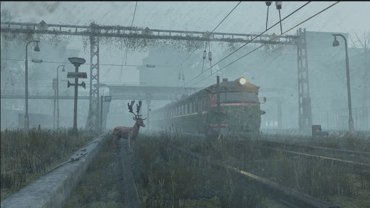 C4D写实杂草荒废废弃的火车站梅花鹿3D模型OC渲染场景