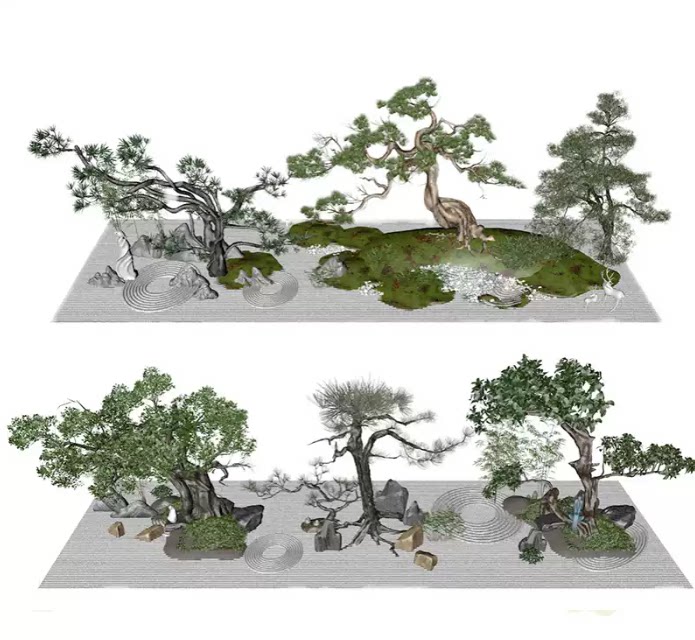 FBX STL OBJ SU中式园林园艺景观枯山水树木怪树植物三维模型素材