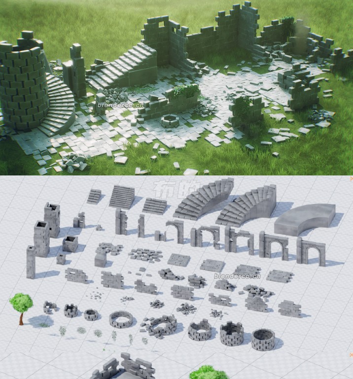 Blender 资产包：风格化城堡废墟全要素-60+多样网格构建独特场景