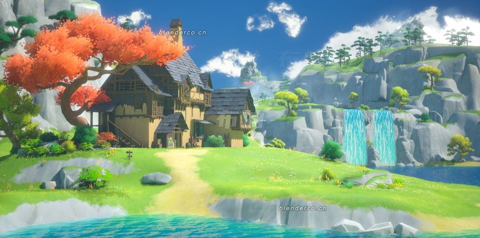 风格化湖边瀑布小屋