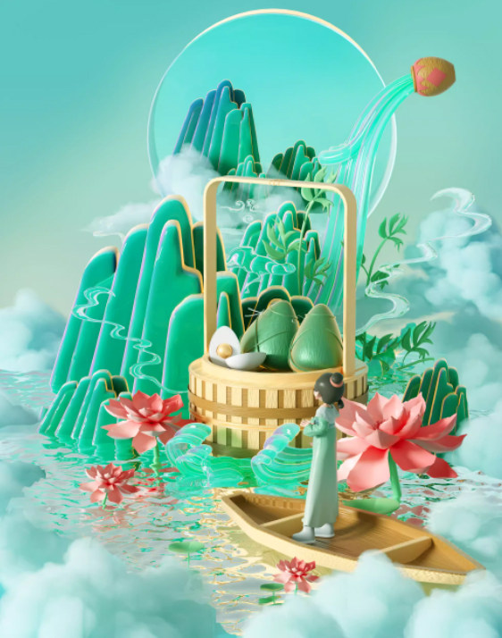 C4D中国风创意山水粽子端午节海报背景OC渲染三维模型场景