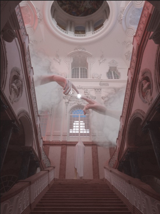 C4D艺术欧式复古走廊楼梯雕塑手3D模型OC渲染电商场景