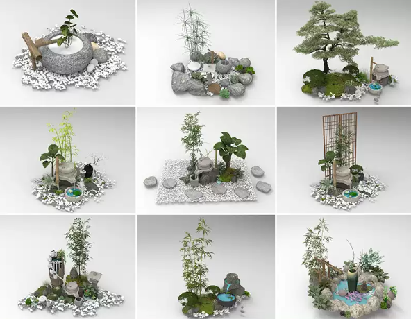 C4D FBX STL OBJ SU石磨植物竹子中式禅意庭院石子石头三维3D模型