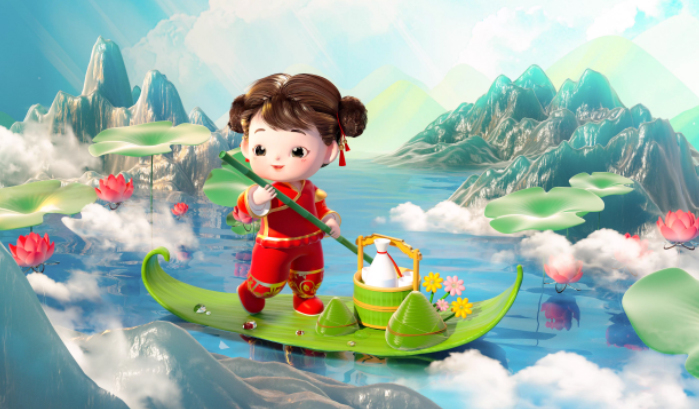 C4D国潮风端午节女孩划粽叶小船OC渲染三维模型场景