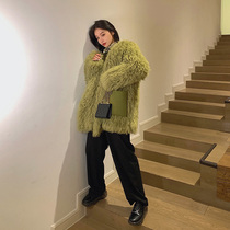 COCO LIMITED buckle hooded detachable hand-woven sheep curly cardigan fur coat female