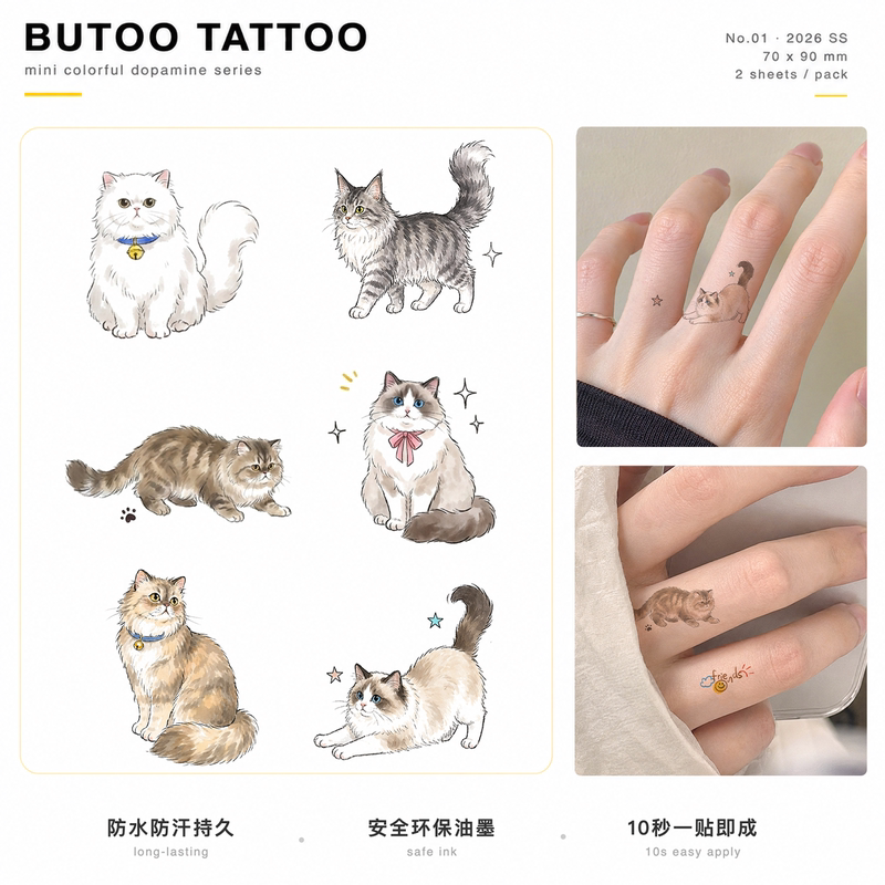 Butoo Tattoo Stickers Meow Meow Ring Long-Haired Cat Collection Tattoo Stickers for Women Waterproof Long-Lasting Finger Kitten Stickers