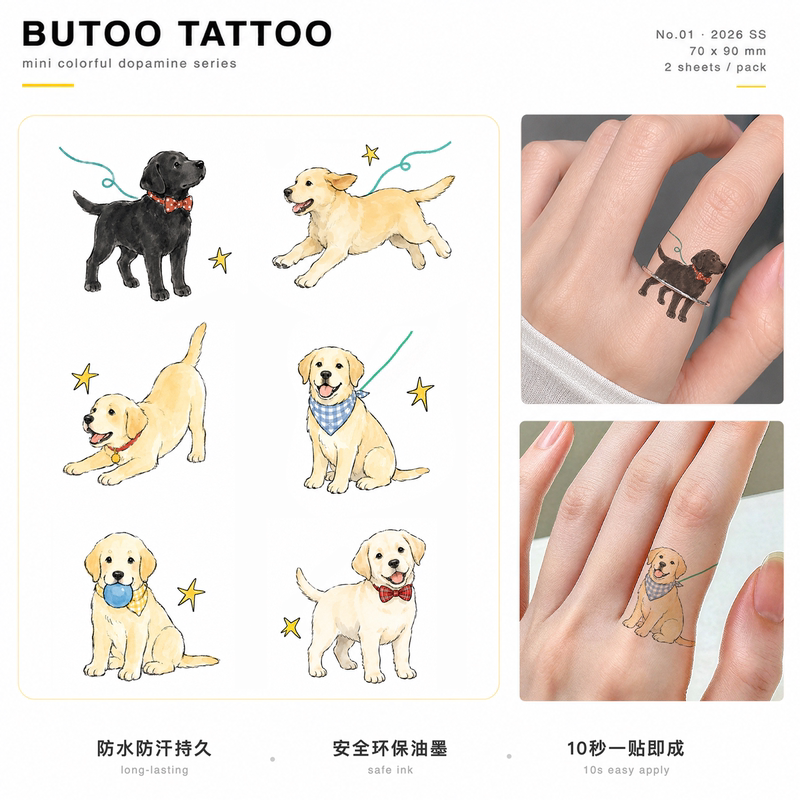 Butoo Tattoo Stickers Cute Dog Diary Labrador Dog Tattoo Stickers for Women Waterproof Long-Lasting Finger Stickers