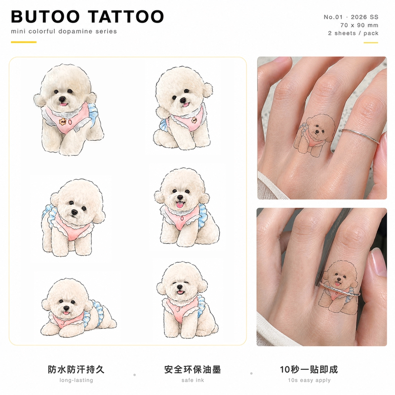 Butoo Tattoo Stickers Bichon Tattoo Sticker Series 6 Styles of Puppy Tattoo Stickers for Women Waterproof Long-Lasting Finger Stickers