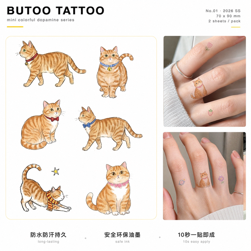 Butoo Tattoo Stickers Meow Meow Ring Orange Cat Finger Tattoo Stickers for Women Waterproof Long-Lasting Cute Kitten Stickers