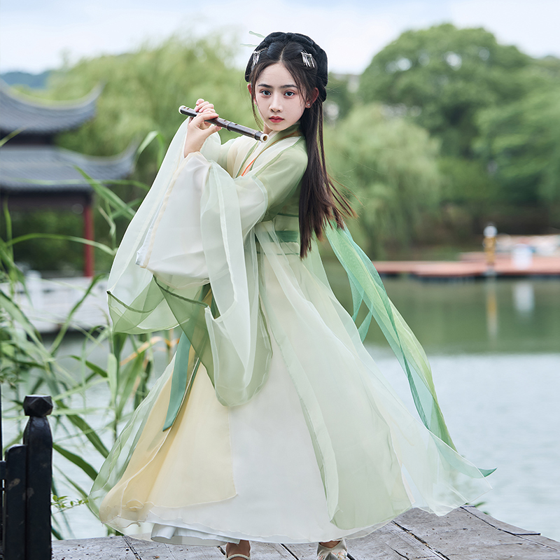 Girls' Hanfu 2025 New Style Warring States Robe Ancient Costume Super Fairy-Like Ancient Style Dress Green Wei Jin Southern and Northern Dynasties Fairy Style