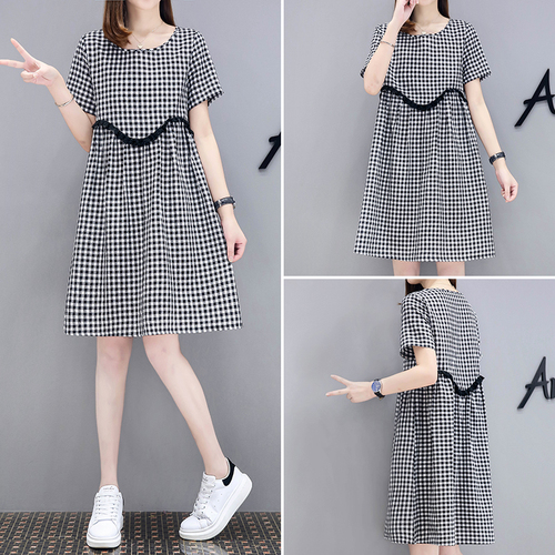 European station dress women's summer wear new medium long casual high waist baby plaid skirt