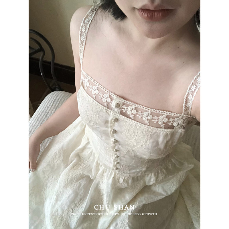 Shan Chu 26Ss'Alice's Garden' Antique-Style Vintage Heavy Embroidery Lace Patchwork Waist-Cinching Dress
