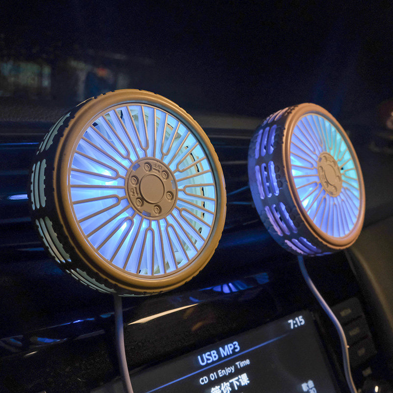 USB On-board Fan Dazzling Atmosphere Light Car Inner Air Outlet 12V24 Volt Strong Wind Refrigeration Big Wind Electric Fan
