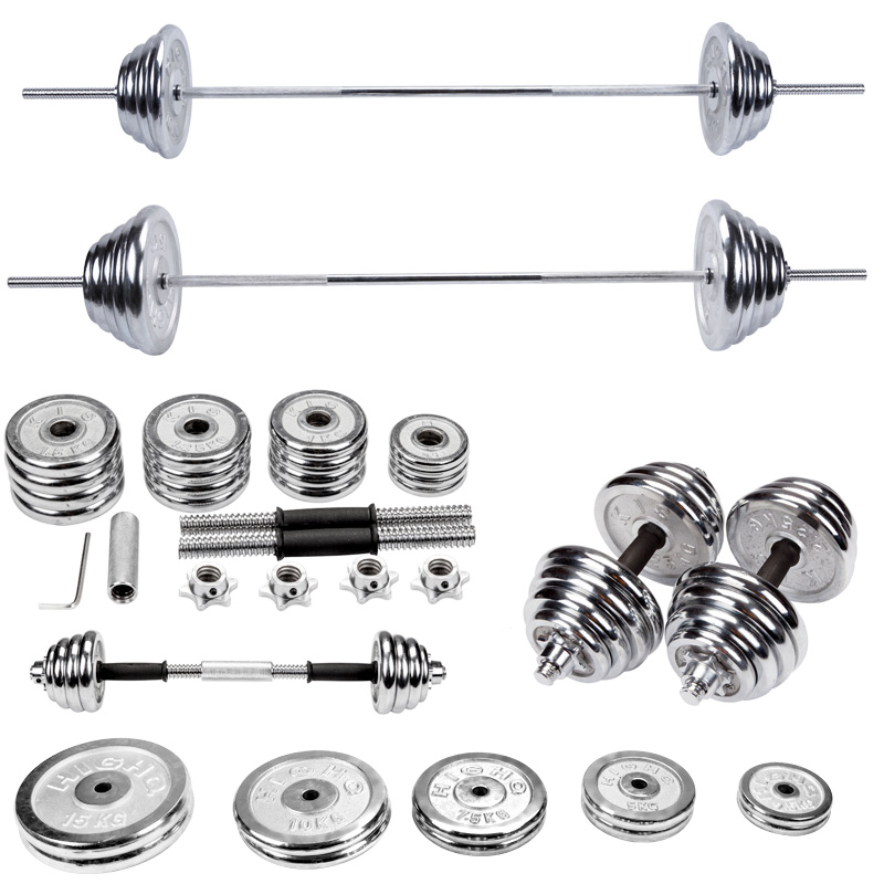 Electroplated barbell set Household fitness weightlifting equipment Small hole bell piece Curved rod dumbbell barbell dual-use combination set